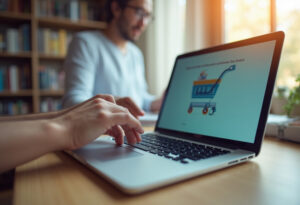Persona trabajando en un portátil con interfaz de carrito digital mientras gestiona una plataforma tipo marketplace vertical