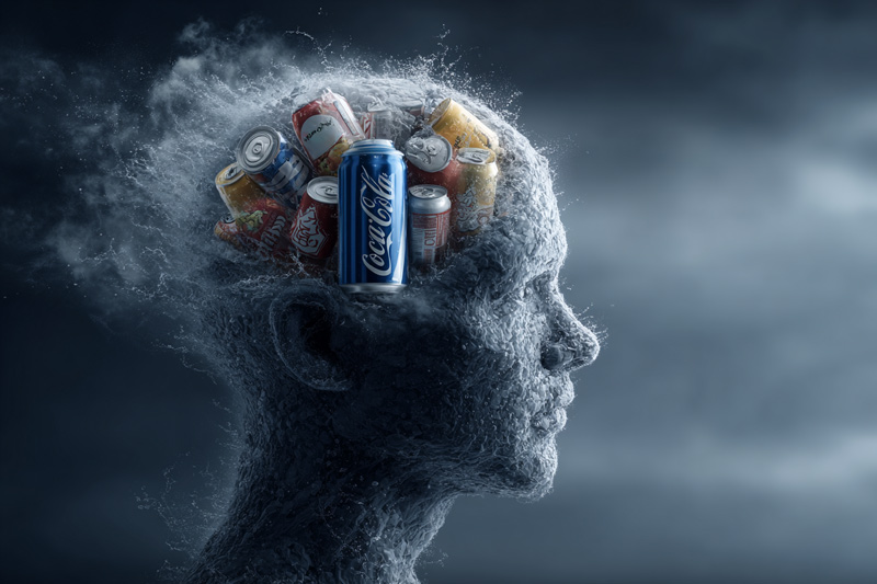 Representación conceptual de un cerebro humano formado por latas de refresco que simboliza el impacto del neuromarketing visual en la mente del consumidor