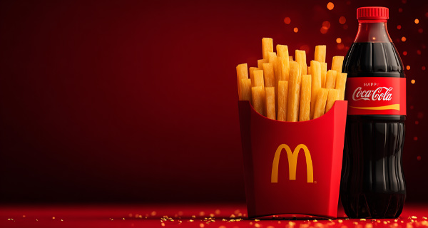 Envase rojo con papas fritas junto a botella de refresco sobre fondo rojo, ejemplo del uso del color en neuromarketing visual para estimular el apetito