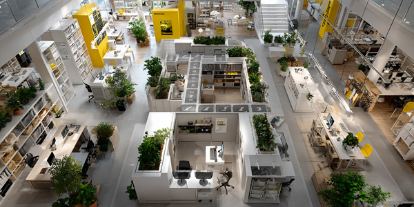 Vista superior de una tienda con diseño visual estratégico, mostrando espacios organizados, colores cálidos y elementos naturales aplicados al neuromarketing visual en retail