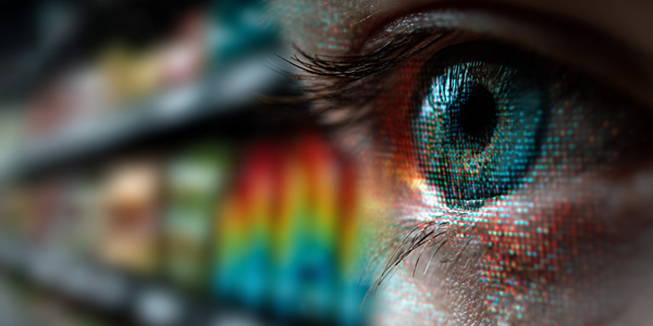 Ojo humano observando estímulos visuales coloridos que representan la percepción del consumidor en estrategias de neuromarketing visual