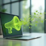 Portátil en una oficina con un megáfono ecológico digital del que salen hojas, representando publicidad responsable