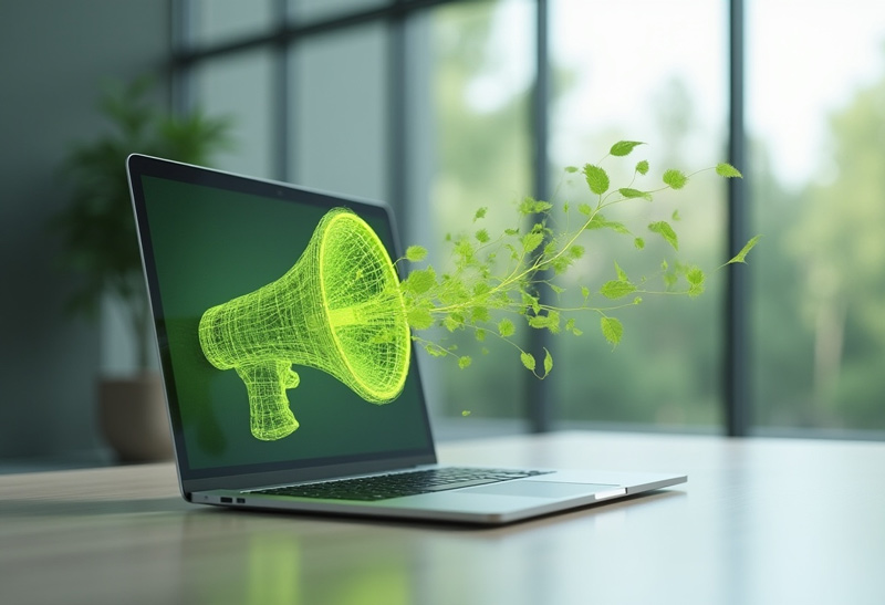 Portátil en una oficina con un megáfono ecológico digital del que salen hojas, representando publicidad responsable