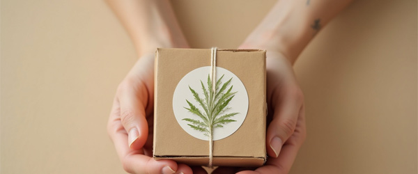 Manos sosteniendo una caja de cartón sostenible decorada con una hoja, simbolizando publicidad responsable