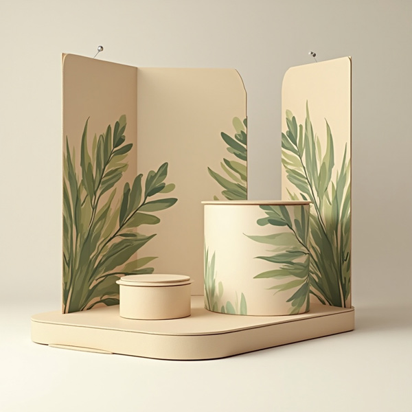 Stand personalizado para eventos con paneles beige y gráficos botánicos en tonos verdes sobre plataforma elevada