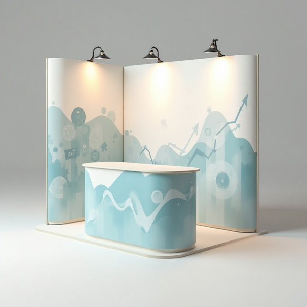 Stand portátil para eventos con mostrador curvo y paneles gráficos iluminados en tonos azul y blanco