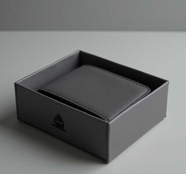 Cartera gris presentada en caja de packaging minimalista