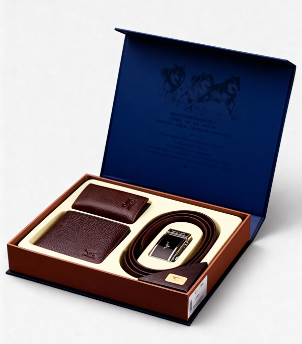 Packaging de regalo con cartera, billetero y cinturón en caja rígida