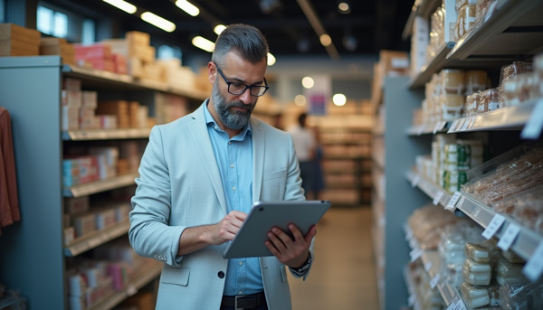 Responsable revisando el planograma de productos con una tablet frente a estanterías en tienda