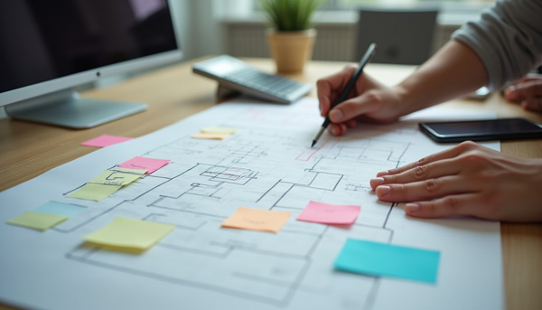 Manos diseñando un planograma en plano con notas adhesivas para definir la distribución de productos