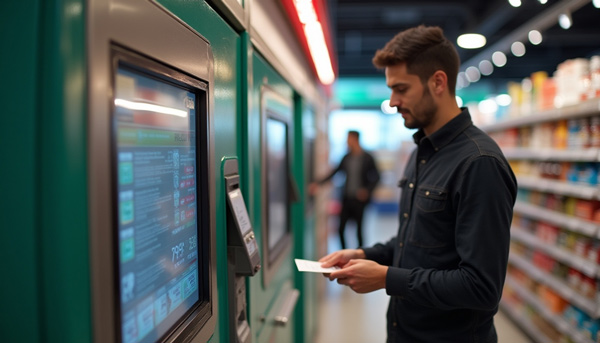 Cliente consultando una pantalla en tienda como apoyo a KPI retail de conversión y experiencia de compra