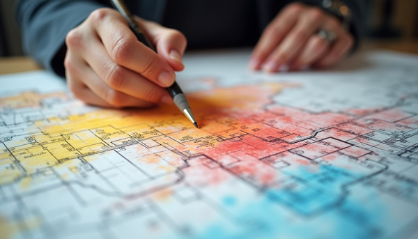 Mano marcando zonas en un plano para optimizar layout y KPIs retail como ventas por metro cuadrado