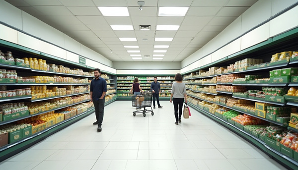 Pasillo de supermercado con estanterías organizadas según planograma para mejorar la venta y la visibilidad