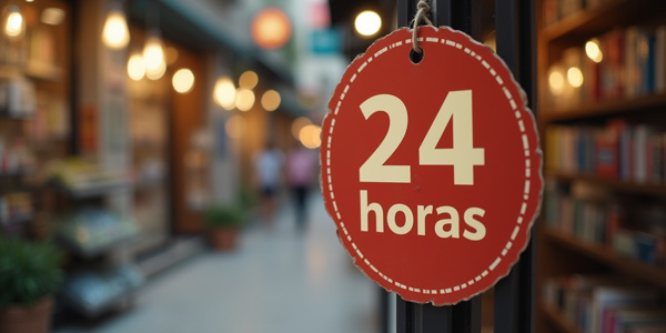 Cartel rojo “24 horas” colgado en escaparate, recurso de urgencia que impulsa la compra impulsiva