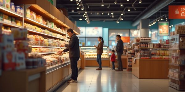 Cliente elige productos en el lineal de un supermercado, ejemplo de compra por impulso en tienda física