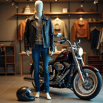 Rincón de tienda de ropa vintage con maniquí y moto retro como elemento decorativo, aplicado al storytelling en tienda