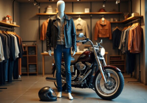 Rincón de tienda de ropa vintage con maniquí y moto retro como elemento decorativo, aplicado al storytelling en tienda