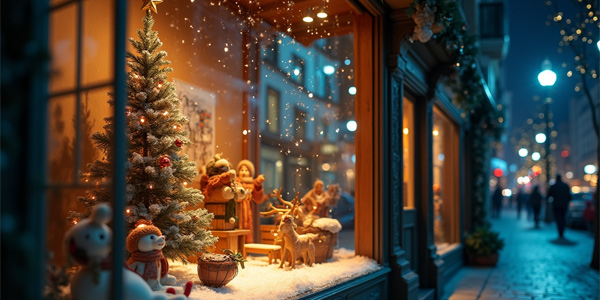 Escaparate navideño con decoración temática y escena visual, uno de los mejores storytelling tienda ejemplos para atraer al cliente