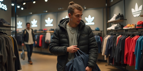 Cliente en tienda de moda deportiva con visuales de campaña de marca, ejemplo de storytelling en tienda física en retail