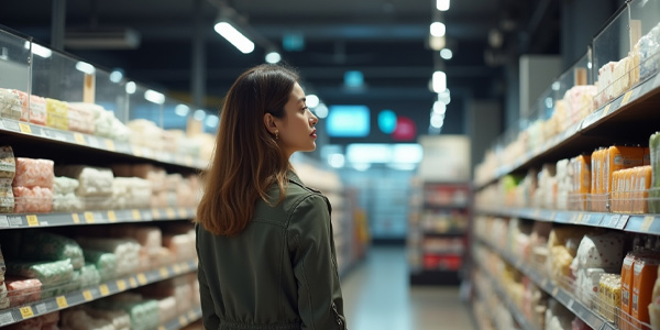 Cliente observando productos colocados al nivel de los ojos en un lineal de tienda para favorecer la decisión de compra