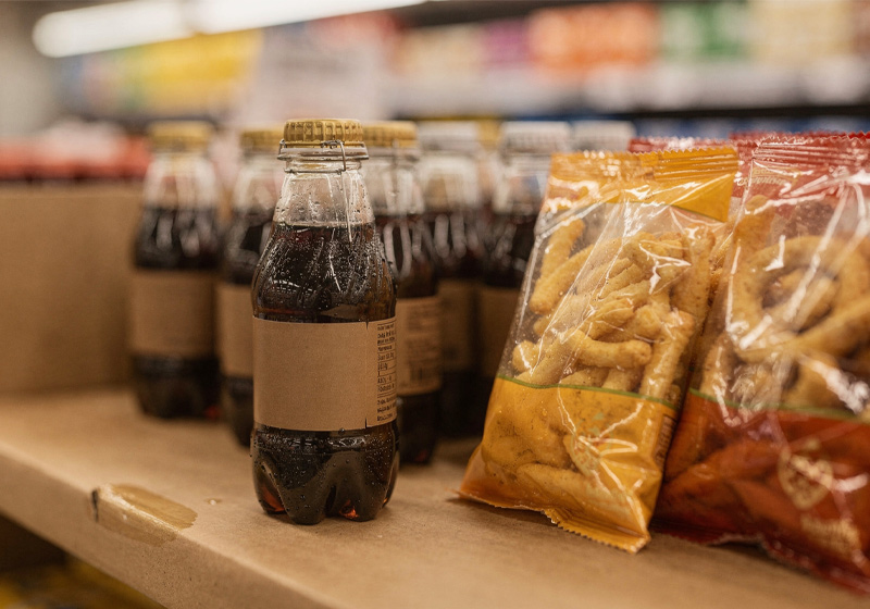 Cross merchandising ejemplos con bebidas junto a bolsas de snacks para impulsar la compra por impulso