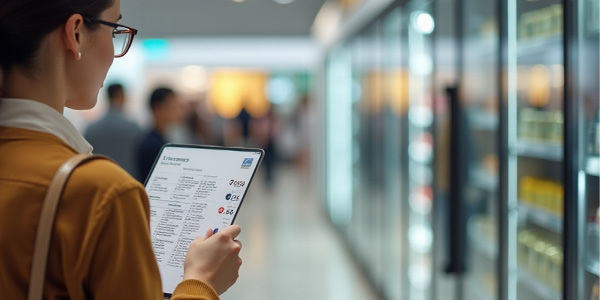 Cross merchandising marketing basado en datos con revisión de surtido y productos en una tablet en tienda