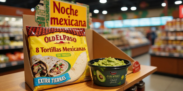 Expositor con tortillas, guacamole y promoción Noche mexicana como ejemplo de shopper marketing y venta cruzada en supermercado