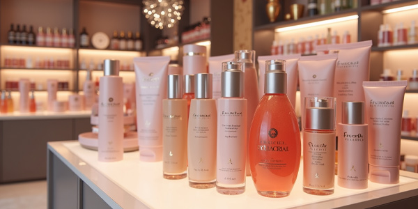 Productos de cosmética colocados en varios facings alineados en un punto de venta de perfumería