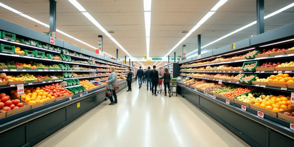 Clientes recorriendo un lineal de supermercado con facing visible en el punto de venta