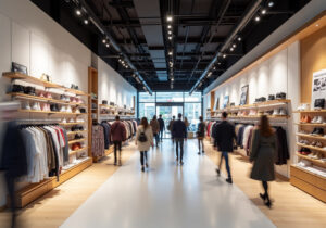 Clientes recorriendo una tienda retail moderna con un espacio comercial diseñado para guiar el flujo de circulación y la experiencia de compra