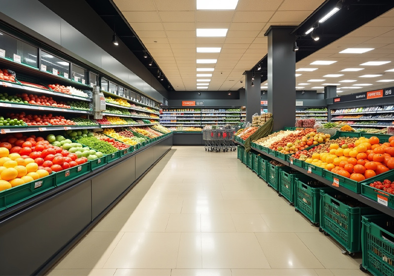 Lineal de un supermercado con facing destacado en la sección de fruta y verdura