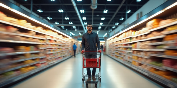 Cliente empujando un carrito por el pasillo principal de un supermercado durante su recorrido de compra en tienda