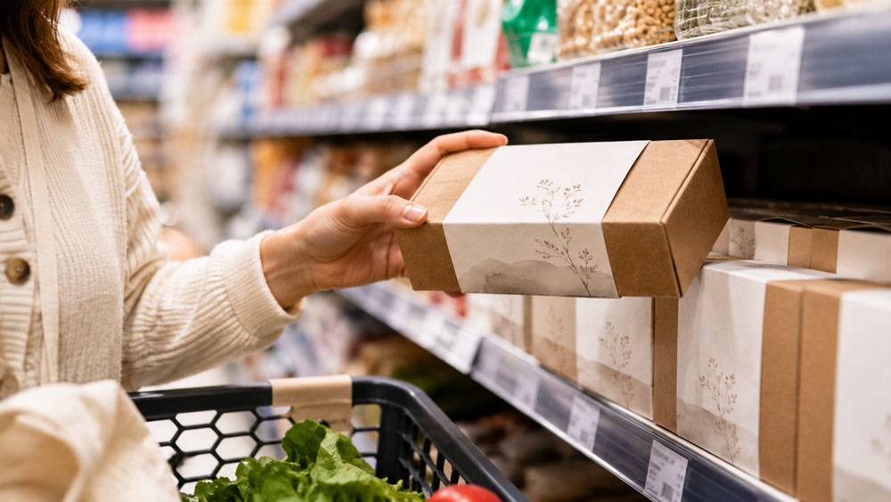 Cliente sujetando una caja con packaging sleeve de cartón en un lineal de supermercado
