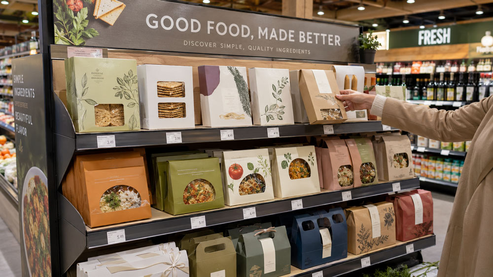 Productos gourmet expuestos en supermercado con sleeve packaging de cartón, etiquetas visibles y presentación premium en lineal