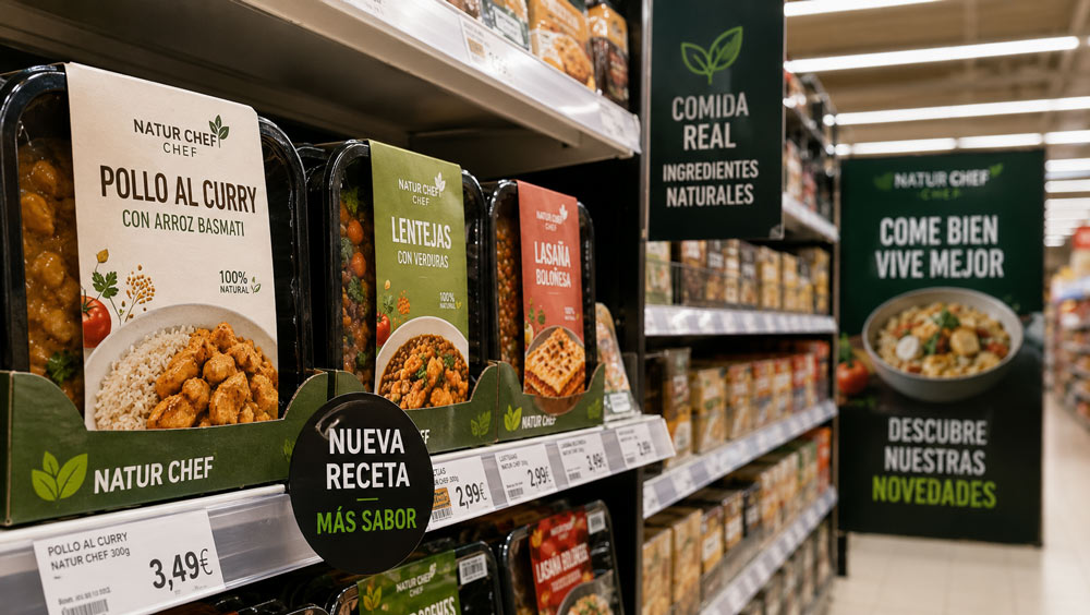 Productos de alimentación con sleeves de packaging expuestos en supermercado junto a materiales promocionales de punto de venta