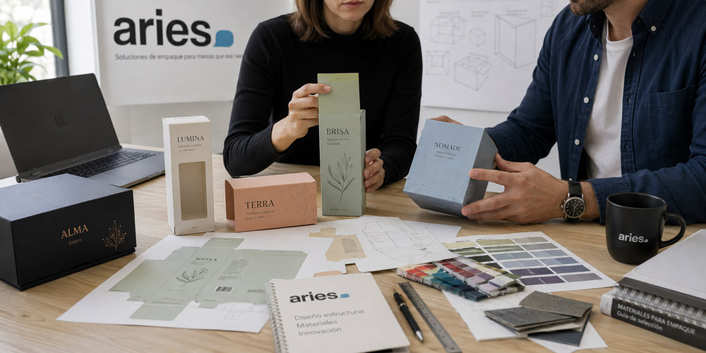 Equipo revisando diseños, muestras y prototipos de estuches packaging en una mesa de trabajo