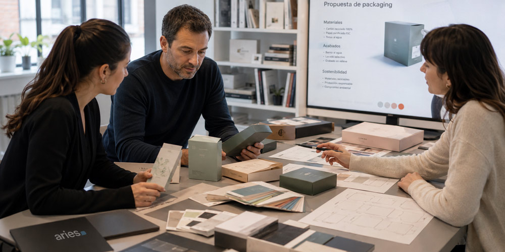 Equipo revisando muestras, materiales y propuesta de packaging corporativo en una reunión de diseño