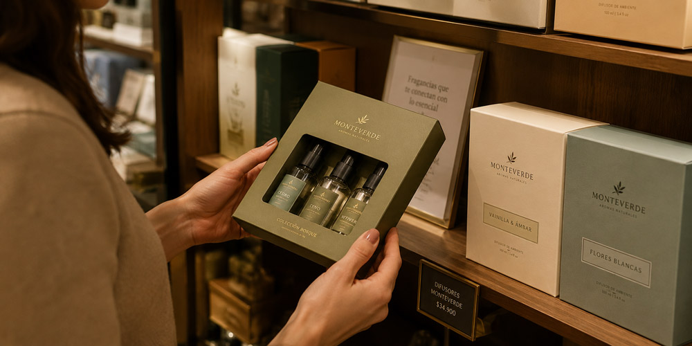 Cliente sosteniendo un estuche con ventana para productos aromáticos en una tienda especializada