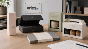 Diferentes estuches packaging personalizados sobre una mesa en un entorno profesional de diseño de packaging