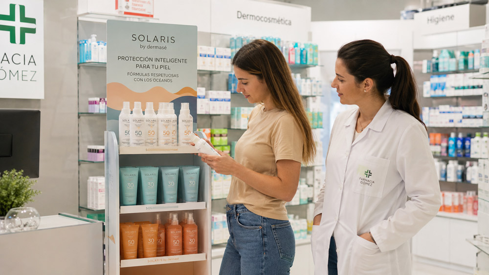 Farmacéutica asesorando a una clienta junto a un expositor de suelo PLV en farmacia