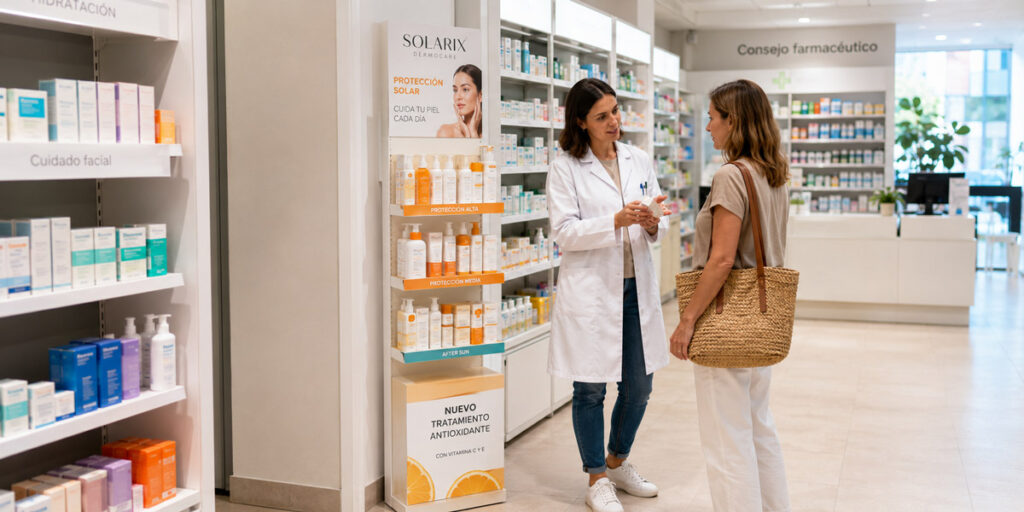 Clienta mirando un expositor de suelo PLV de protección solar en una farmacia