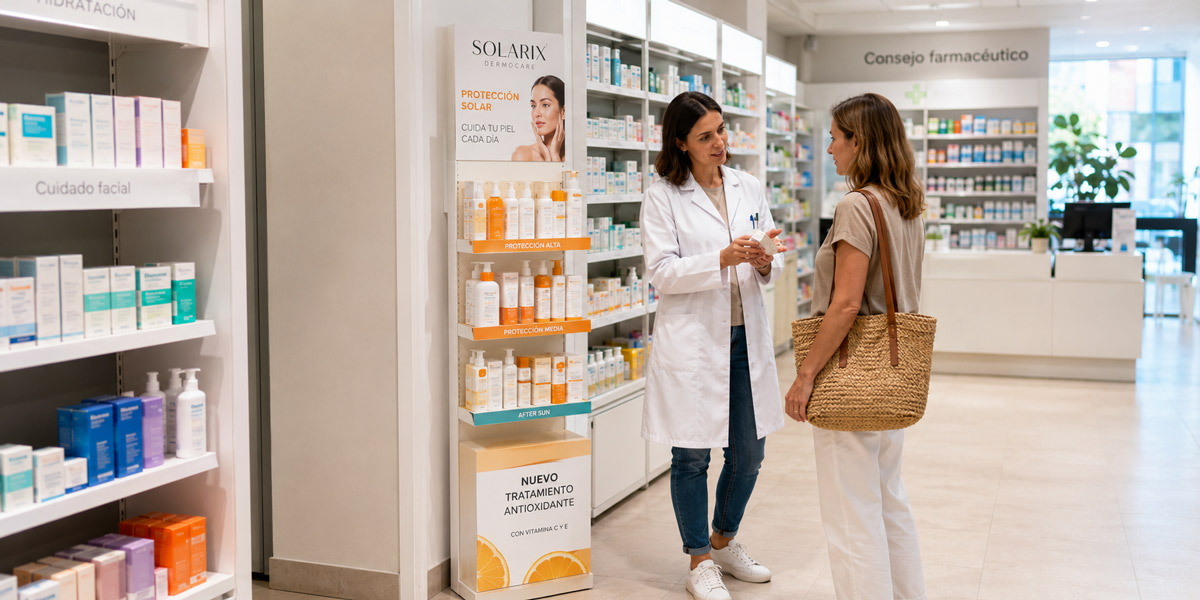 Clienta mirando un expositor de suelo PLV de protección solar en una farmacia