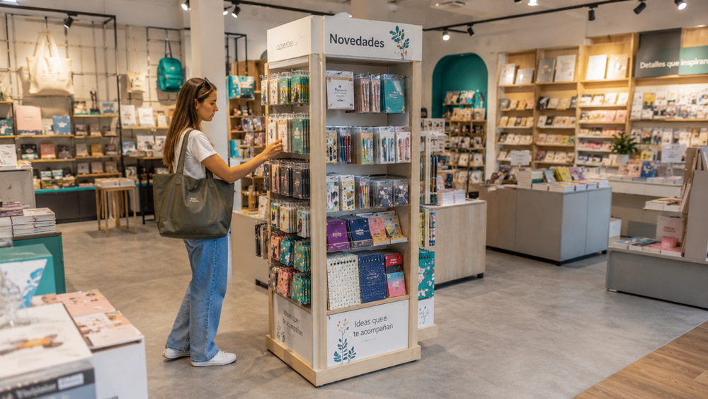 Expositor de suelo PLV con productos de papelería y regalo en una librería