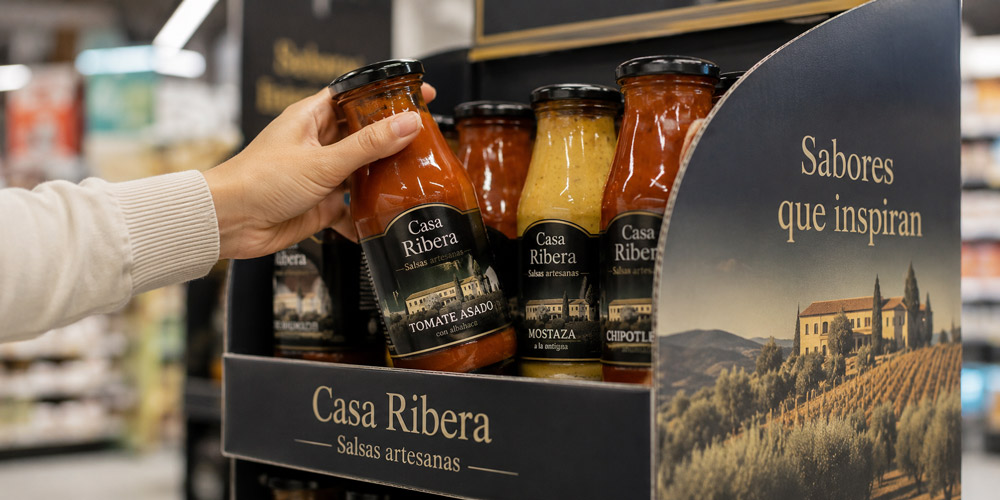 Mano cogiendo una salsa artesanal de un expositor de suelo PLV en tienda