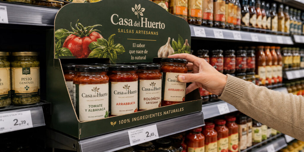 Glorificador de cartón para salsas artesanas colocado en el lineal de un supermercado