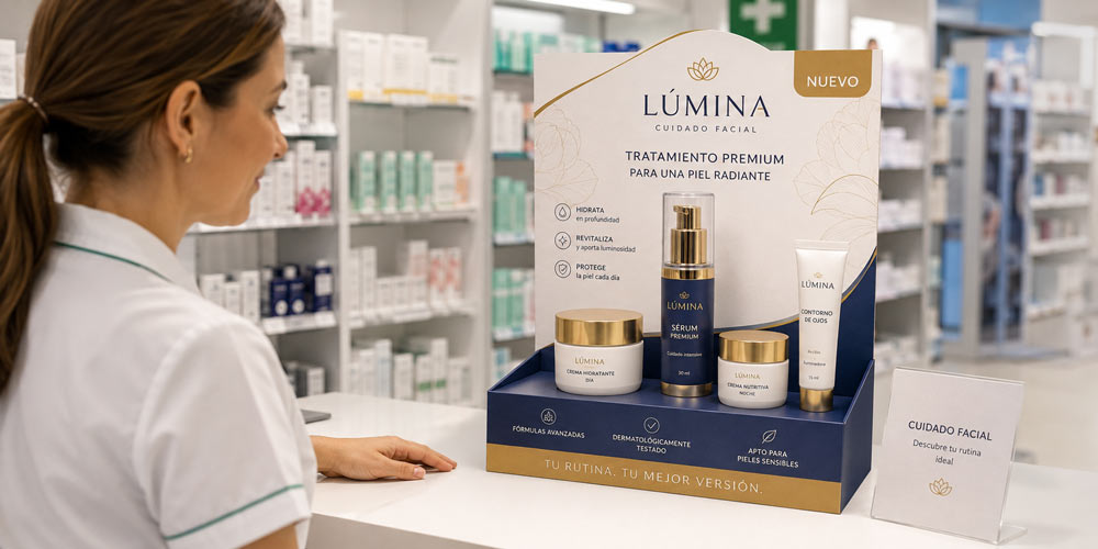 Glorificador de producto de sobremesa para cosmética premium en una farmacia