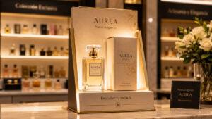 Glorificador de producto iluminado con un perfume premium sobre mostrador de perfumería