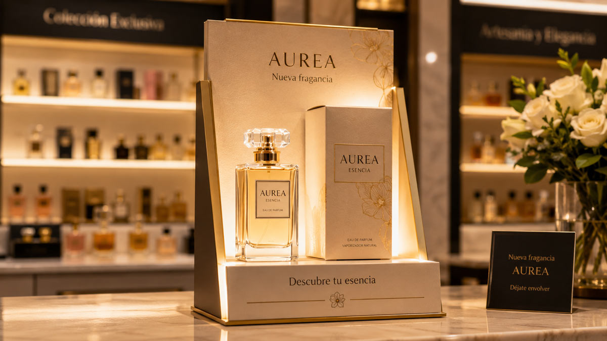 Glorificador de producto iluminado con un perfume premium sobre mostrador de perfumería