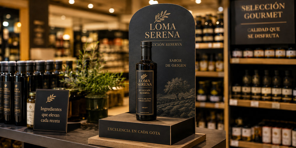 Botella de aceite gourmet destacada sobre un glorificador de producto con acabado premium