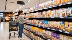 Clienta observando productos en el lineal de un supermercado dentro de la sección de cereales